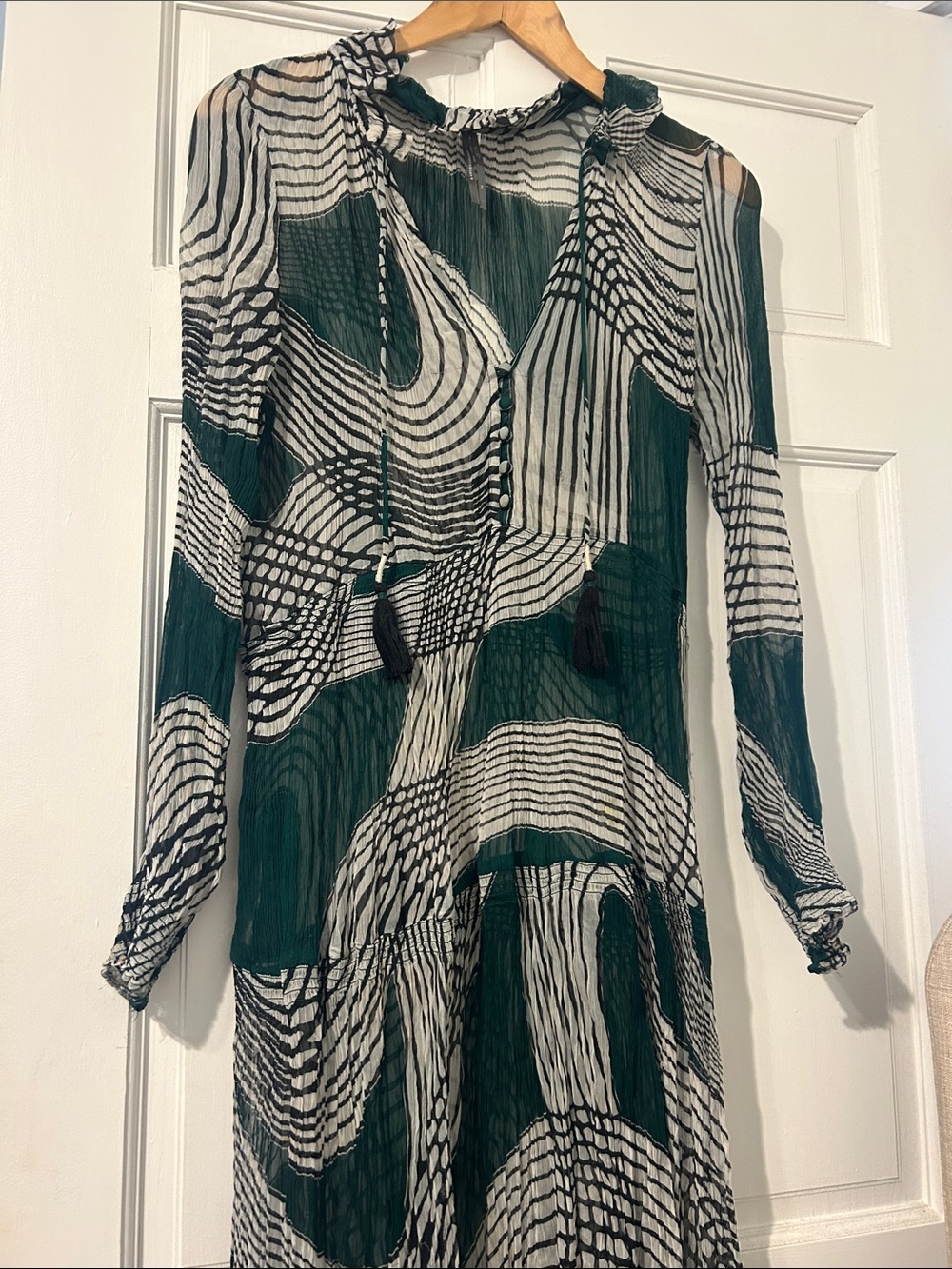 Anthropologie Green & White Long-Sleeve Abstract Maxi Dress
